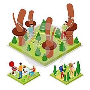 Isometric Outdoor Activity. Rope Park and Barbeque. Healthy Lifestyle and Recreation