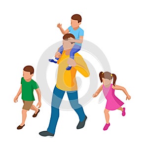 Isometric outdoor recreation Leisure for the family. Father, sons, and daughter. Happy Father`s Day.