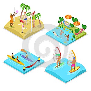 Isometric Outdoor Sea Beach Activity. Kayaking, Beach Volleyball, Surfing and Water Polo. Healthy Lifestyle and Recreation