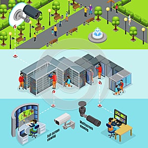 Isometric Outdoor Surveillance System Horizontal Banners