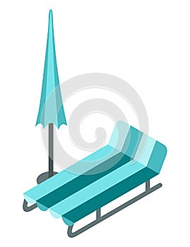 Isometric outdoor water pool design element. Creative chaise lounges and parasol umbrella. Summer vacation concept