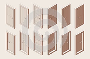 Isometric outline brown color set of interior doors with a box. Various foreshortening views