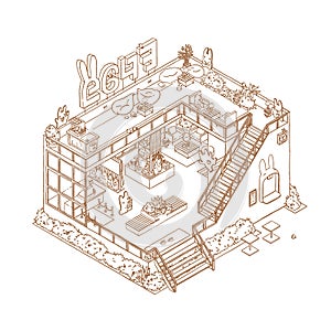 Isometric outline cafe interior. Cartoon coloring book page of 3d restaurant inside. Hand drawn illustration.