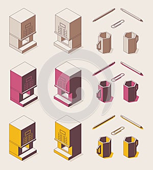 Isometric outline full color set work desk accessories and a coffee maker. Mug, paper clip, pencil. Set for the office