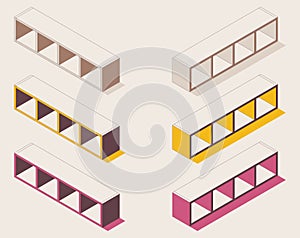 Isometric outline full color shelf for books, papers, documents. Set for the office