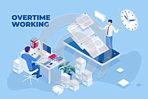 Isometric overtime working concept. Planning time business management. Casual tired office worker using a computer and