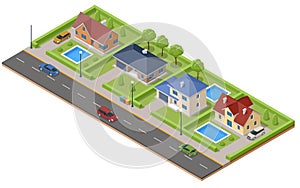 Isometric own street with private houses, gardens, cars. Modern house with terrace and pool. Suburban and village houses