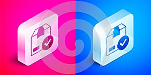 Isometric Package box with check mark icon isolated on pink and blue background. Parcel box with checkmark. Approved