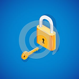 Isometric padlock with key illustration