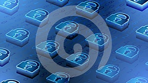 Isometric padlock, Lock security, Safety system. Binary code Background.Digital binary data and Secure Data Concept. Blue