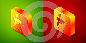 Isometric Paint spray gun icon isolated on green and red background. Square button. Vector Illustration