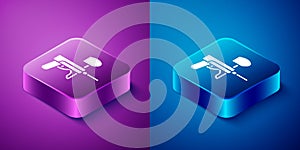 Isometric Paintball gun icon isolated on blue and purple background. Square button. Vector Illustration