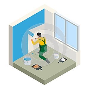 Isometric Paintroller painting white wall with roller blue paint. Flat 3d modern vector illustration. Paintroller