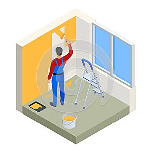 Isometric Paintroller painting white wall with roller red paint. Flat 3d modern vector illustration. Paintroller, people photo