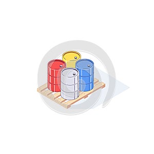 Isometric pallet with metal barrels. 3d pallets cargo goods fuel benzin petrol gas and combustible vector illustration photo