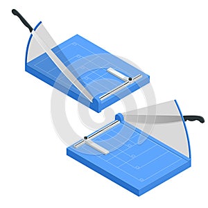 Isometric Paper Cutter isolated on white background. Paper cutter cutting paper A4, manufacture work vector illustration