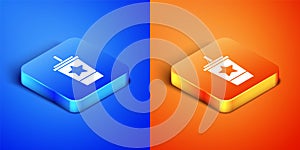 Isometric Paper glass with drinking straw and water icon isolated on blue and orange background. Soda drink glass. Fresh