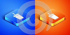 Isometric Paper glass with drinking straw and water icon isolated on blue and orange background. Soda drink glass. Fresh