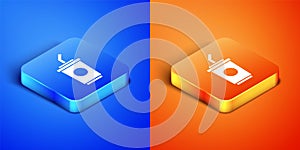 Isometric Paper glass with drinking straw and water icon isolated on blue and orange background. Soda drink glass. Fresh