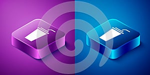 Isometric Paper glass with drinking straw and water icon isolated on blue and purple background. Soda drink glass. Fresh