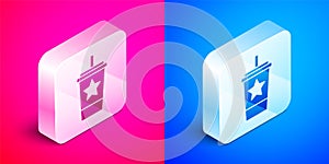 Isometric Paper glass with drinking straw and water icon isolated on pink and blue background. Soda drink glass. Fresh