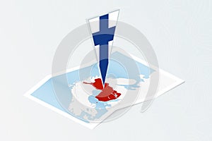 Isometric paper map of Finland with triangular flag of Finland in isometric style. Map on topographic background