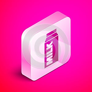 Isometric Paper package for milk icon isolated on pink background. Milk packet sign. Silver square button. Vector