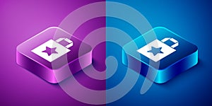 Isometric Paper shopping bag icon isolated on blue and purple background. Package sign. Square button. Vector