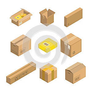 Isometric parcel icon. Set packing box vector illustration isolated on white background.