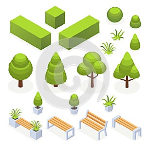 Isometric park landscape elements. 3d city outdoor objects. Eco modern streen bench with trees bushes flower bed. Vector