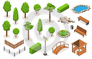 Isometric Park Landscape Elements Icon Set