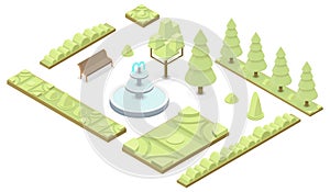 Isometric park landscape elements set with trees, bushes, fountain and flower beds vector