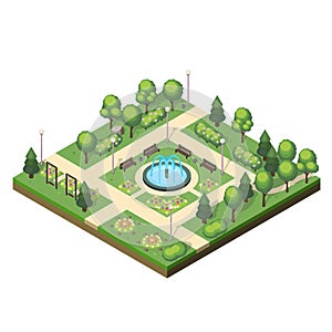 Isometric park landscape with green plants, flower beds, fountain, benches and swings.