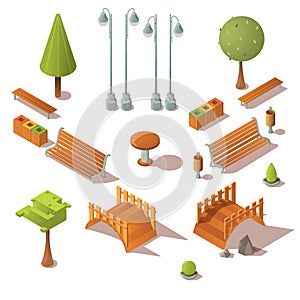 Isometric park set. Benches, trees, wooden bridges