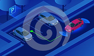 Isometric Parking Assist System vector illustration. Car technology with sensors . Sensors scanning free space to park