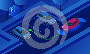 Isometric Parking Assist System vector illustration. Car technology with sensors . Sensors scanning free space to park photo