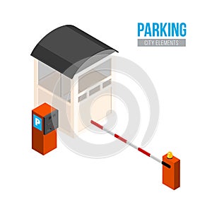 Isometric parking entrance. Vector city elements. Car gate, booth and payment station