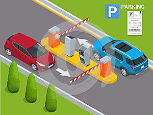 Isometric Parking payment station, access control concept. Parking ticket machines and barrier gate arm operators are photo