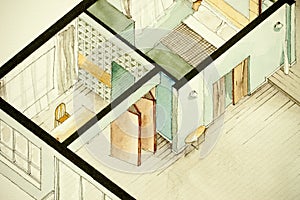 Isometric partial architectural watercolor drawing of apartment floor plan