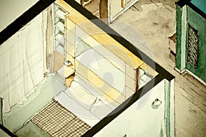 Isometric partial architectural watercolor drawing of apartment floor plan