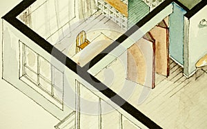 Isometric partial architectural watercolor drawing of apartment floor plan, symbolizing artistic approach to real estate business