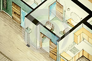 Isometric partial architectural watercolor drawing of apartment floor plan, symbolizing artistic approach to real estate business