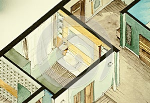 Isometric partial architectural watercolor drawing of apartment floor plan, symbolizing artistic approach to real estate business