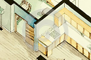 Isometric partial architectural watercolor drawing of apartment floor plan, symbolizing artistic approach to real estate business