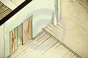 Isometric partial architectural watercolor drawing of apartment floor plan, symbolizing artistic approach to real estate business