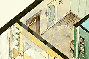 Isometric partial architectural watercolor drawing of apartment floor plan, symbolizing artistic approach to real estate business