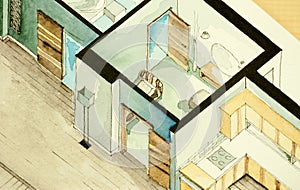 Isometric partial architectural watercolor drawing of apartment floor plan, symbolizing artistic approach to real estate business