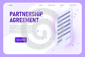 Isometric partnership agreement landing page concept, modern stylish contract list with sign and blank text