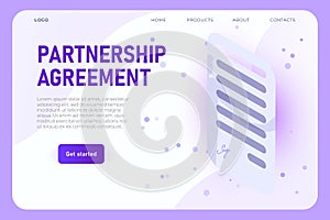 Isometric partnership agreement landing page concept, modern stylish contract list with sign and blank text