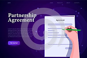 Isometric partnership agreement landing page concept, modern stylish contract list with sign and blank text